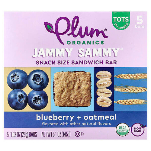 <img alt="Plum Organics, Jammy Sammy, Snack Size Sandwich Bar, 15+ Months, Blueberry & Oatmeal, 5 Bars, 1.02 oz (29 g) Each" title="Plum Organics, Jammy Sammy, Snack Size Sandwich Bar, 15+ Months, Blueberry & Oatmeal, 5 Bars, 1.02 oz (29 g) Each,846675002457"