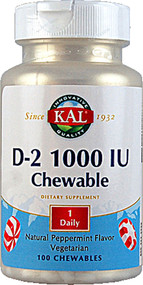 3 PACK OF KAL, D2, Natural Peppermint Flavor, 1000 IU, 100 Chewables