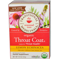 Traditional Medicinals, Seasonal Teas, Organic Throat Coat, Naturally Caffeine Free, Lemon Echinacea, 16 Wrapped Tea Bags, 1.13 oz (32 g) (Discontinued Item)
