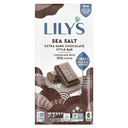 <img alt="Lilys Sweets, Extra Dark Chocolate Style Bar, Sea Salt, 70% Cacao, 2.8 oz (79 g)" title="Lilys Sweets, Extra Dark Chocolate Style Bar, Sea Salt, 70% Cacao, 2.8 oz (79 g),856481003593"