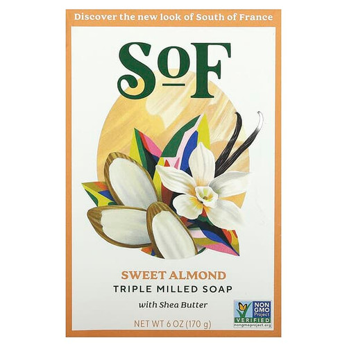 <img alt="SoF, Triple Milled Bar Soap with Shea Butter, Sweet Almond, 6 oz (170 g)" title="SoF, Triple Milled Bar Soap with Shea Butter, Sweet Almond, 6 oz (170 g),856885200130"