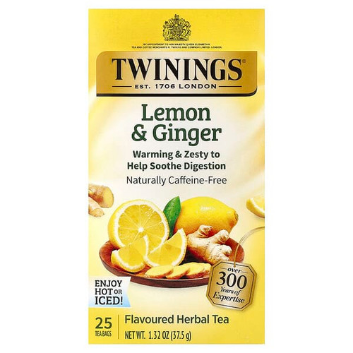 <img alt="Twinings, Flavored Herbal Tea, Lemon & Ginger, Caffeine Free, 25 Tea Bags, 1.32 oz (37.5 g)" title="Twinings, Flavored Herbal Tea, Lemon & Ginger, Caffeine Free, 25 Tea Bags, 1.32 oz (37.5 g),070177267803"