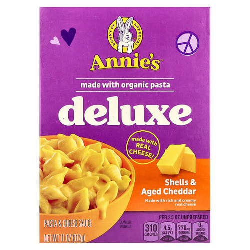 <img alt="Annies Homegrown, Deluxe Shells & Aged Cheddar, 11 oz (312 g)" title="Annies Homegrown, Deluxe Shells & Aged Cheddar, 11 oz (312 g),013562302109"