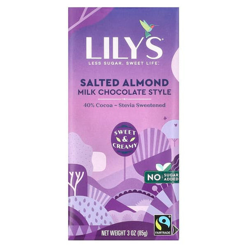 <img alt="Lilys Sweets, 40% Cocoa Milk Chocolate Style, Salted Almond, 3 oz (85 g)" title="Lilys Sweets, 40% Cocoa Milk Chocolate Style, Salted Almond, 3 oz (85 g),856481003050"