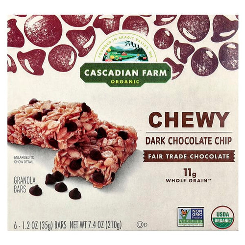 <img alt="Cascadian Farm, Organic Chewy Granola Bars, Dark Chocolate Chip, 6 Bars, 1.2 oz (35 g) Each" title="Cascadian Farm, Organic Chewy Granola Bars, Dark Chocolate Chip, 6 Bars, 1.2 oz (35 g) Each,021908291024"