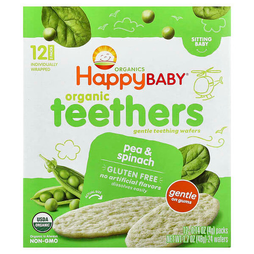 <img alt="Happy Family Organics, Happy Baby, Organic Teethers, Gentle Teething Wafers, Sitting Baby, Pea & Spinach, 12 Packs, 0.14 oz (4 g) Each" title="Happy Family Organics, Happy Baby, Organic Teethers, Gentle Teething Wafers, Sitting Baby, Pea & Spinach, 12 Packs, 0.14 oz (4 g) Each,819573013382"