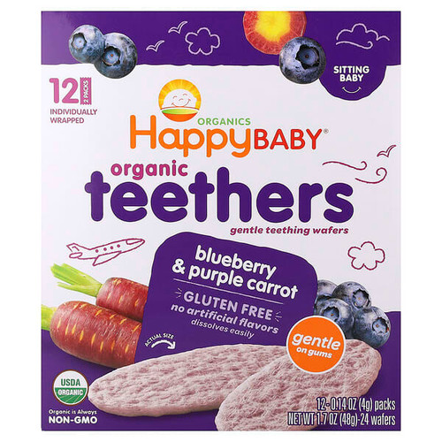 <img alt="Happy Family Organics, Happy Baby, Organic Teethers, Gentle Teething Wafers, Blueberry & Purple Carrot, 12 Packs, 0.14 oz (4 g) Each" title="Happy Family Organics, Happy Baby, Organic Teethers, Gentle Teething Wafers, Blueberry & Purple Carrot, 12 Packs, 0.14 oz (4 g) Each,819573011746"