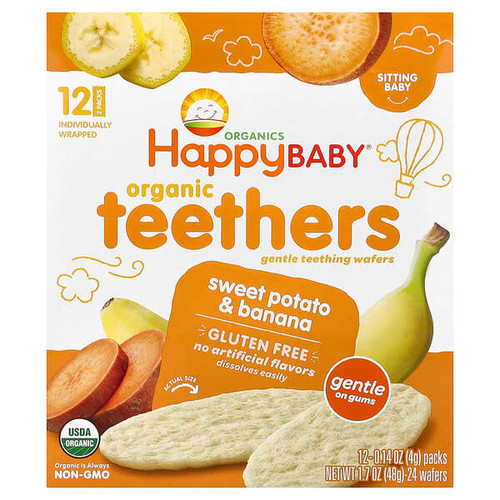 <img alt="Happy Family Organics, Happy Baby, Organic Teethers, Gentle Teething Wafers, Sweet Potato & Banana, 12 Packs, 0.14 oz (4 g) Each" title="Happy Family Organics, Happy Baby, Organic Teethers, Gentle Teething Wafers, Sweet Potato & Banana, 12 Packs, 0.14 oz (4 g) Each,819573011753"