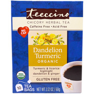 Teeccino, Organic Roasted Herbal Tea, Dandelion Turmeric, Caffeine Free, 10 Tea Bags, 2.12 oz (60 g) (Discontinued Item)