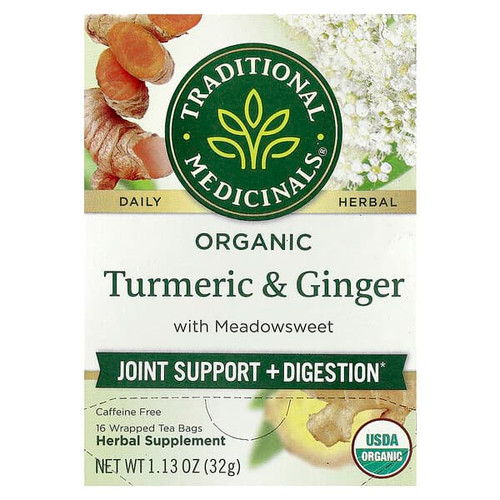<img alt="Traditional Medicinals, Organic Turmeric & Ginger with Meadowsweet, Caffeine Free, 16 Wrapped Tea Bags, 1.13 oz (32 g)" title="Traditional Medicinals, Organic Turmeric & Ginger with Meadowsweet, Caffeine Free, 16 Wrapped Tea Bags, 1.13 oz (32 g),032917002563"