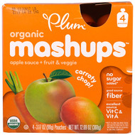 3 PACK of Plum Organics, Organics  Applesauce Mashups with Carrot & Mango, 4 Pouches, 3.17 oz (90 g) Each