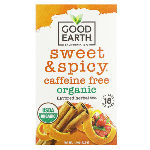<img alt="Good Earth Teas, Organic Herbal Tea, Sweet & Spicy, Caffeine Free, 18 Tea Bags, 1.3 oz (36.9 g)" title="Good Earth Teas, Organic Herbal Tea, Sweet & Spicy, Caffeine Free, 18 Tea Bags, 1.3 oz (36.9 g),027018099314"