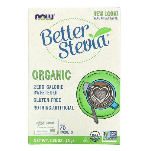 <img alt="NOW Foods, Organic Better Stevia, Zero-Calorie Sweetener, 75 Packets, 2.65 oz (75 g)" title="NOW Foods, Organic Better Stevia, Zero-Calorie Sweetener, 75 Packets, 2.65 oz (75 g),733739069429"