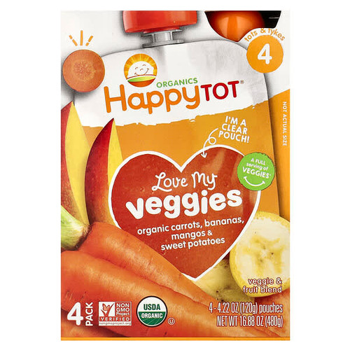<img alt="Happy Family Organics, Happy Tot, Love My Veggies, Stage 4, Organic Carrots, Bananas, Mangos & Sweet Potatoes, 4 Pouches, 4.22 oz (120 g) Each" title="Happy Family Organics, Happy Tot, Love My Veggies, Stage 4, Organic Carrots, Bananas, Mangos & Sweet Potatoes, 4 Pouches, 4.22 oz (120 g) Each,819573012798"