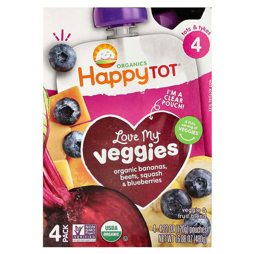 <img alt="Happy Family Organics, Happy Tot, Love My Veggies, Stage 4, Organic Bananas, Beet, Squash & Blueberries, 4 Pouches, 4.22 oz (120 g) Each" title="Happy Family Organics, Happy Tot, Love My Veggies, Stage 4, Organic Bananas, Beet, Squash & Blueberries, 4 Pouches, 4.22 oz (120 g) Each,819573012781"