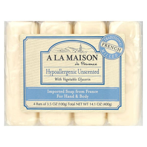 <img alt="A La Maison de Provence, Hand & Body Bar Soap, Hypoallergenic Unscented, 4 Bars, 3.5 oz (100 g) Each" title="A La Maison de Provence, Hand & Body Bar Soap, Hypoallergenic Unscented, 4 Bars, 3.5 oz (100 g) Each,182741000393"
