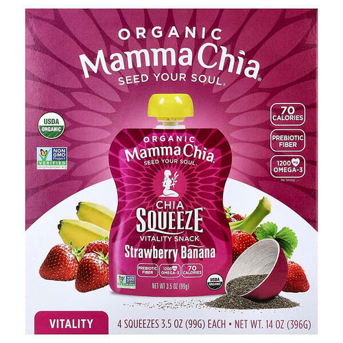 <img alt="Mamma Chia, Organic Chia Squeeze Vitality Snack, Strawberry Banana, 4 Pack, 3.5 oz (99 g) Each" title="Mamma Chia, Organic Chia Squeeze Vitality Snack, Strawberry Banana, 4 Pack, 3.5 oz (99 g) Each,856516002263"