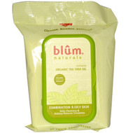 Blum Naturals, Daily Cleansing & Makeup Remover Towelettes, Combination & Oily Skin, Tea Tree, 30 Towelettes