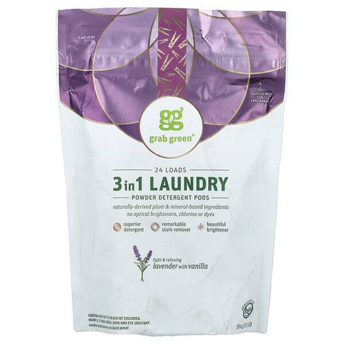 <img alt="Grab Green, 3 in 1 Laundry Powder Detergent Pods, Lavender with Vanilla, 24 Loads, 13.5 oz (384 g)" title="Grab Green, 3 in 1 Laundry Powder Detergent Pods, Lavender with Vanilla, 24 Loads, 13.5 oz (384 g),899696002203"
