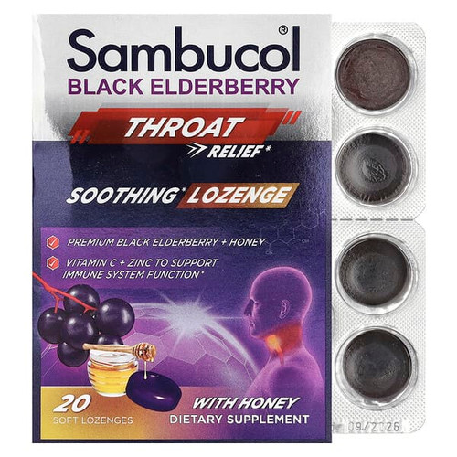 <img alt="Sambucol, Black Elderberry, Throat Relief, Soothing Lozenge With Honey, 20 Soft Lozenges" title="Sambucol, Black Elderberry, Throat Relief, Soothing Lozenge With Honey, 20 Soft Lozenges,896116001204"