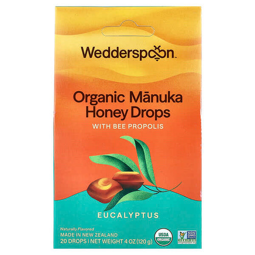 <img alt="Wedderspoon, Organic Manuka Honey Drops with Bee Propolis, Eucalyptus, 20 Drops, 4 oz (120 g)" title="Wedderspoon, Organic Manuka Honey Drops with Bee Propolis, Eucalyptus, 20 Drops, 4 oz (120 g),814422020368"