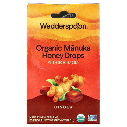 <img alt="Wedderspoon, Organic Manuka Honey Drops with Echinacea, Ginger, 20 Drops, 4 oz (120 g)" title="Wedderspoon, Organic Manuka Honey Drops with Echinacea, Ginger, 20 Drops, 4 oz (120 g),814422020382"