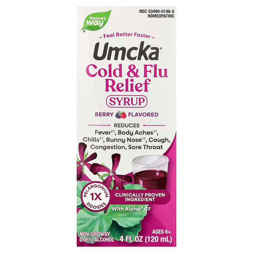 <img alt="Natures Way, Umcka, Cold + Flu Relief Syrup, Ages 6+, Berry, 4 fl oz (120 ml)" title="Natures Way, Umcka, Cold + Flu Relief Syrup, Ages 6+, Berry, 4 fl oz (120 ml),033674151488"