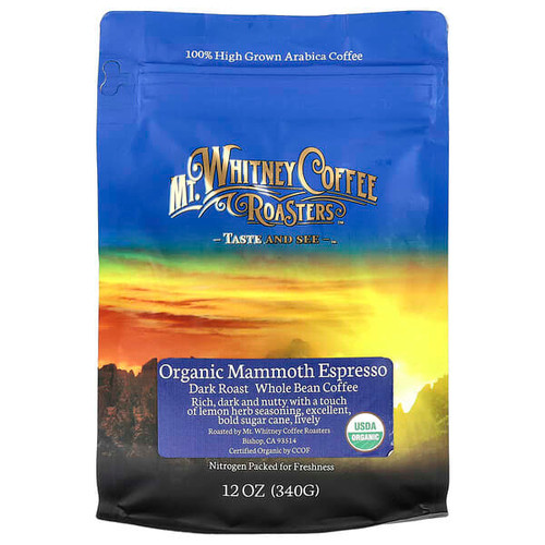 <img alt="Mt. Whitney Coffee Roasters, Organic Mammoth Espresso, Whole Bean Coffee, Dark Roast, 12 oz (340 g)" title="Mt. Whitney Coffee Roasters, Organic Mammoth Espresso, Whole Bean Coffee, Dark Roast, 12 oz (340 g),858645004088"
