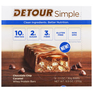 Detour, Simple, Whey Protein Bars, Chocolate Chip Caramel, 9 Bars, 1.1 oz (30 g) Each