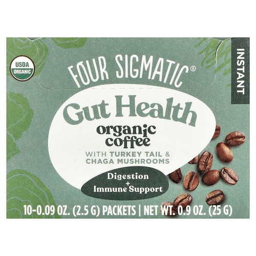 <img alt="Four Sigmatic, Gut Health, Organic Instant Coffee with Turkey Tail & Chaga Mushrooms, Medium Roast, 10 Packets, 0.09 oz (2.5 g)" title="Four Sigmatic, Gut Health, Organic Instant Coffee with Turkey Tail & Chaga Mushrooms, Medium Roast, 10 Packets, 0.09 oz (2.5 g),4897039310721"