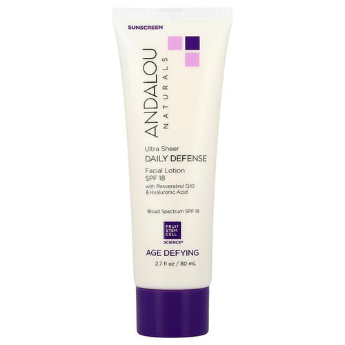 <img alt="Andalou Naturals, Ultra Sheer Daily Defense Facial Lotion, Age Defying, SPF 18, 2.7 fl oz (80 ml)" title="Andalou Naturals, Ultra Sheer Daily Defense Facial Lotion, Age Defying, SPF 18, 2.7 fl oz (80 ml),859975002324"