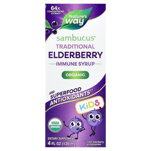 <img alt="Natures Way, Kids Sambucus, Organic Traditional Immune Syrup, Ages 1+, Elderberry, 4 fl oz (120 ml)" title="Natures Way, Kids Sambucus, Organic Traditional Immune Syrup, Ages 1+, Elderberry, 4 fl oz (120 ml),033674157978"