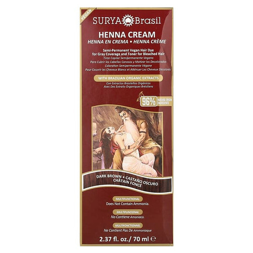 <img alt="Surya Brasil, Henna Cream, Semi-Permanent Vegan Hair Dye For Gray Coverage and Toner for Bleached Hair, Dark Brown, 2.37 fl oz (70 ml)" title="Surya Brasil, Henna Cream, Semi-Permanent Vegan Hair Dye For Gray Coverage and Toner for Bleached Hair, Dark Brown, 2.37 fl oz (70 ml),7896544720244"