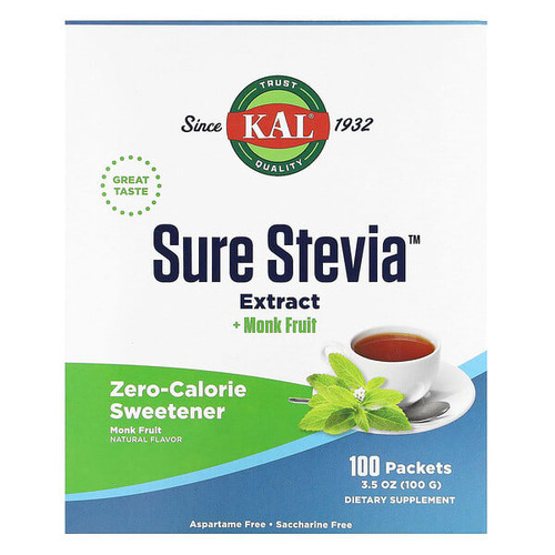 <img alt="KAL, Sure Stevia Extract + Monk Fruit, 100 Packets, 3.5 oz (100 g)" title="KAL, Sure Stevia Extract + Monk Fruit, 100 Packets, 3.5 oz (100 g),021245103264"