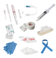 IV Access Kit - 22g x 1 & 24g x 3/4 Catheter, 1 Tegaderm dressing, 1 Transpore tape, 1 Chloraprep, 1 pr gloves, 1 tourniquet, 1 alcohol prep, 2 gauze pads, 1 4” IV Ext. Set, 1 10cc Filled in 10cc Syringe w/ Saline.