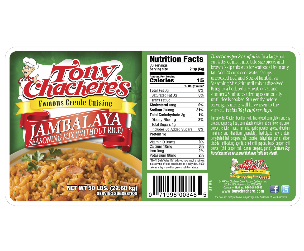 Tony Chachere's Creole Foods Jambalaya Seasoning without Rice 50 lb