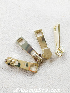 Light Gold- 4 ZIPPER SLIDERS/PULLS for Continuous SIZE 5 Nylon Chain Zipper- Long, Shiny w Cutouts