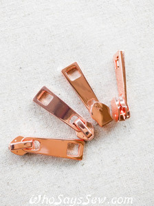 Rose Gold- 4 ZIPPER SLIDERS/PULLS for Continuous SIZE 5 Nylon Chain Zipper- Long, Shiny w Cutouts