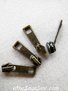 Antique brass- 4 ZIPPER SLIDERS/PULLS for Continuous SIZE 5 Nylon Chain Zipper- Long, Shiny w Cutouts