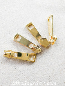 Gold- 4 ZIPPER SLIDERS/PULLS for Continuous SIZE 5 Nylon Chain Zipper- Long, Shiny w Cutouts