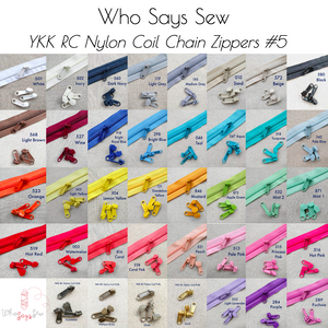 YKK Long Pull Continuous SIZE 5 RC Nylon Coil/Polyester Chain Zipper in 50 Colours. Perfect for bags