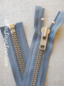 YKK Size 8 Separating/Open Ended 75cm(30") Zipper with Silver Brass Metal Teeth. Heavy Weight for Jackets. MID GREY Tape