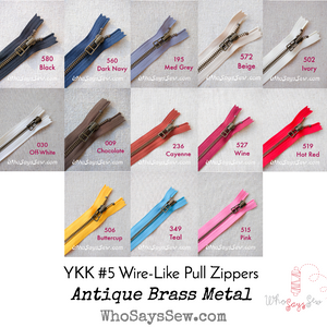 YKK Closed-Ended Antique Brass Metal Zipper with Wire Style Pull, Size 5, 60cm. 13 Colours