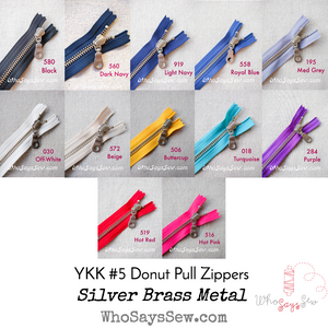 YKK Closed-Ended Silver Brass Metal Zipper with Donut Pull, Size 5, 60cm. 12 Colours