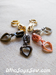 4 ZIPPER SLIDERS/PULLS for Continuous SIZE 5 Nylon Chain Zipper- Heart-Shaped. 6 Finishes. Nickel Free.