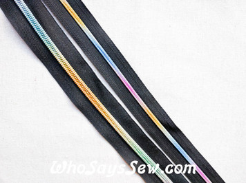 (#3/#5) *SIZE 3/SIZE 5*1m RAINBOW/IRIDESCENT Metallic Nylon Chain/Continuous Zipper on Black Tape