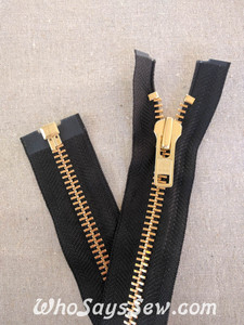 YKK Size 8 Separating/Open Ended 75cm(30") Zipper with Golden Brass Metal Teeth. Heavy Weight for Jackets. BLACK Tape