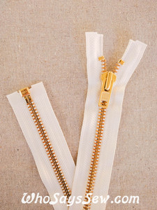 YKK Size 8 Separating/Open Ended 75cm(30") Zipper with GOLDEN Brass Metal Teeth. Heavy Weight for Jackets. OFF WHITE Tape