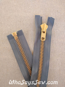 YKK Size 8 Separating/Open Ended 75cm(30") Zipper with GOLDEN Brass Metal Teeth. Heavy Weight for Jackets. Mid Grey Tape