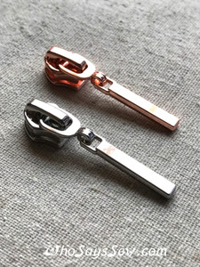 4 ZIPPER SLIDERS/PULLS for Continuous SIZE 5 Nylon Chain Zipper, Silver and Rose Gold. Minimalistic Rectangular Shape. Nickel free.